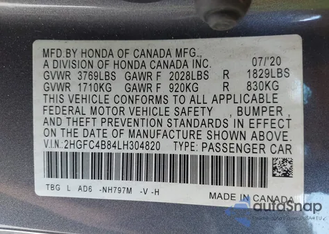 2020 Honda Civic Sport from USA, damaged, VIN 2HGFC4B84LH304820